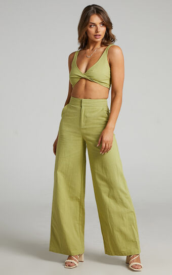 Kingston Two Piece Set - Twist Front Twill and Wide Leg Pants Set in Green