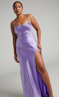 Chaila Gathered Open Back Maxi Dress in Satin in Lilac