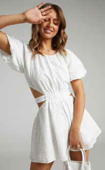 Krizia Cut Out Tie Back Mini Dress in White Embroidery Anglaise