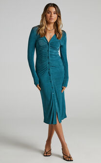 Keagan Ruched Button Front Midi Dress in Emerald