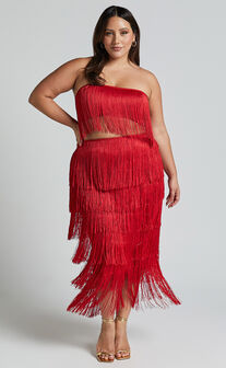 Amalee Two Piece Set - Fringe Strapless Crop Top and Midi Skirt Set in Red