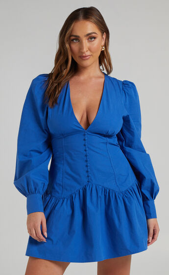 Carlyle Long Sleeve Mini Dress with Corset Detailing in Bright Blue