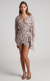Aegir Mini Dress - Collared Long Sleeve Wrap Dress in Wild Zebra