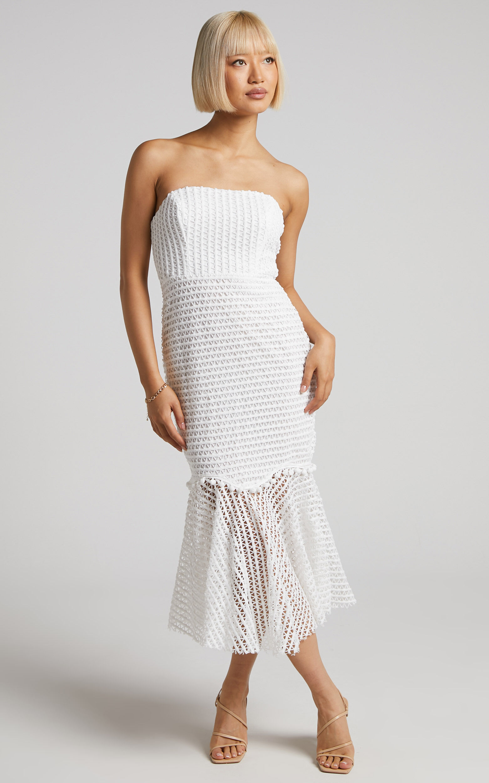 Camille Midi Dress - Strapless Textured Raw Hem Net Dress in White - 06, WHT1