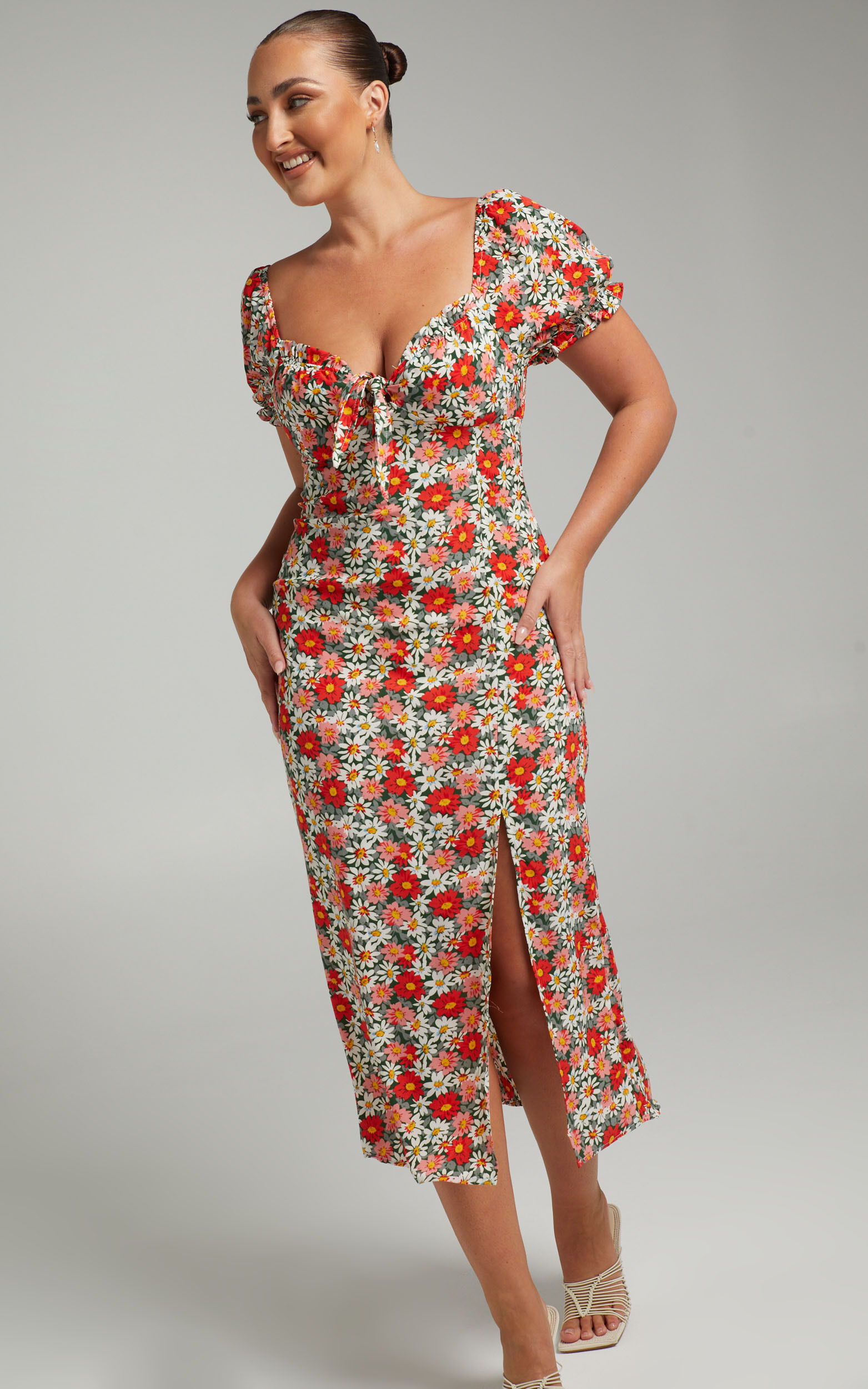 Patty Midi Dress with Front Bust Tie in Navy Floral - 04, NVY1, super-hi-res image number null
