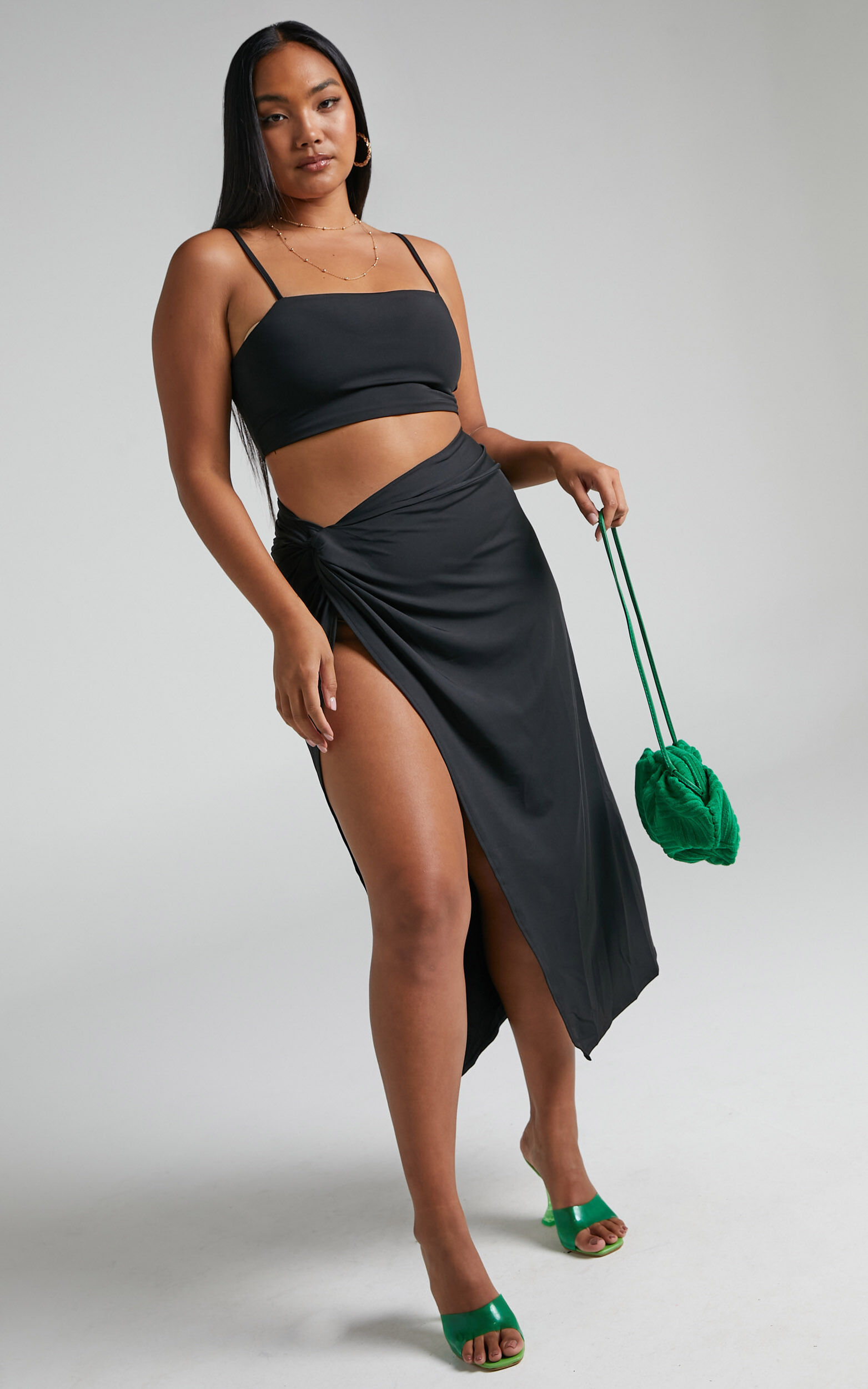 Lalisa Crop Top and Draped Side Split Midi Skirt Two Piece Set in Black - 10, BLK1