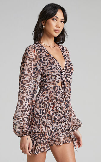Arima Long Sleeve Cut Out Mini Dress in Brown Leopard Print