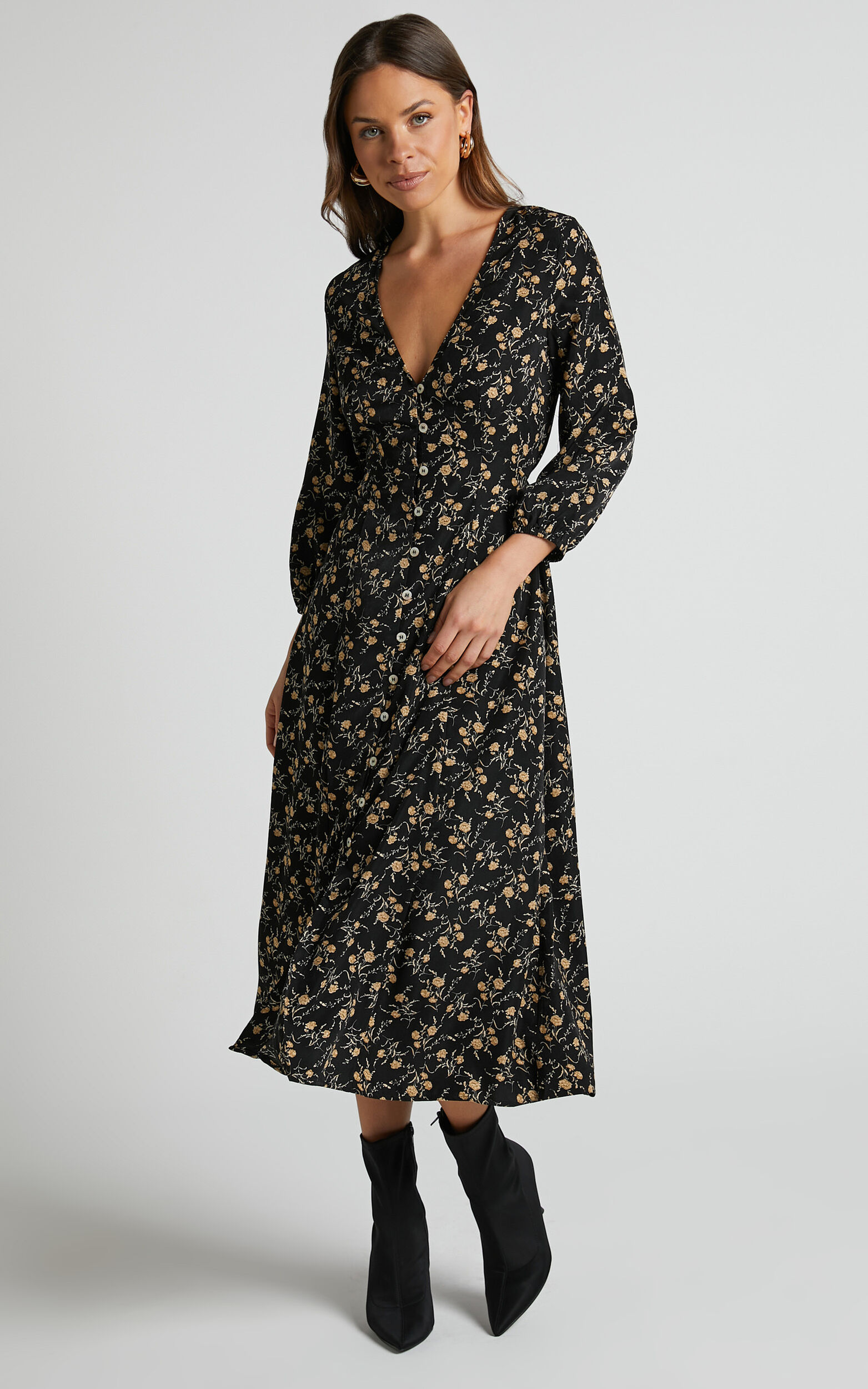 Dexter Midi Dress - Button Through Elastic Cuff Dress in Black Floral - 06, BLK1