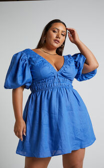 Amalie The Label - Khaila Linen Plunge Puff Sleeve Mini Dress in Azure Blue