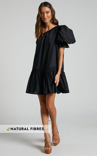 Amalie The Label - Aimi Linen One Shoulder Puff Sleeve Mini Dress in Black