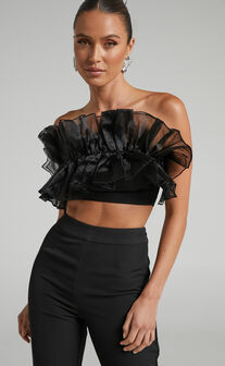 Shaima Strapless Organza Ruffle Crop Top and Pants Two Piece Set in Black