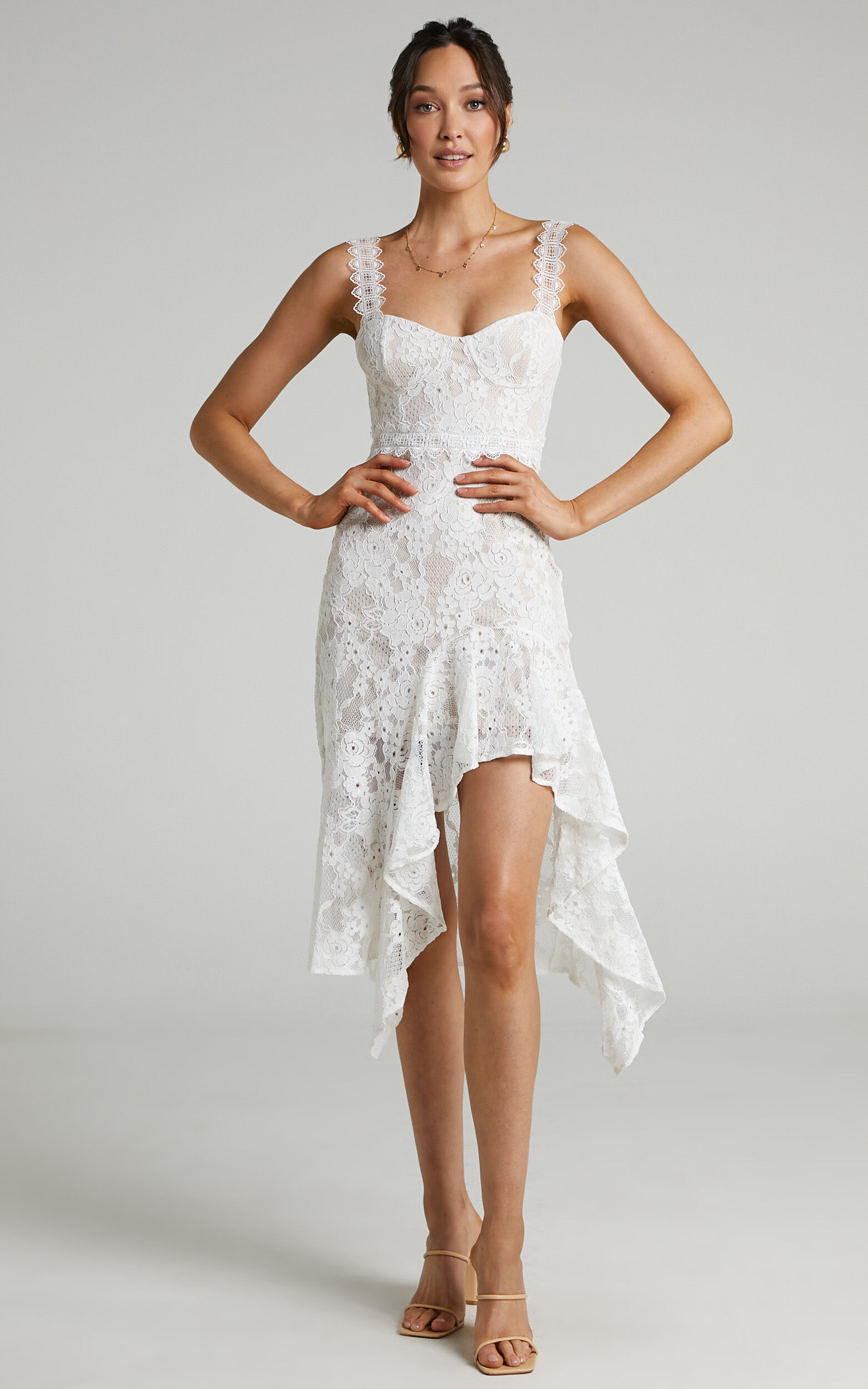 Leurah Sweetheart Aysmmetric Midi Dress in White Lace