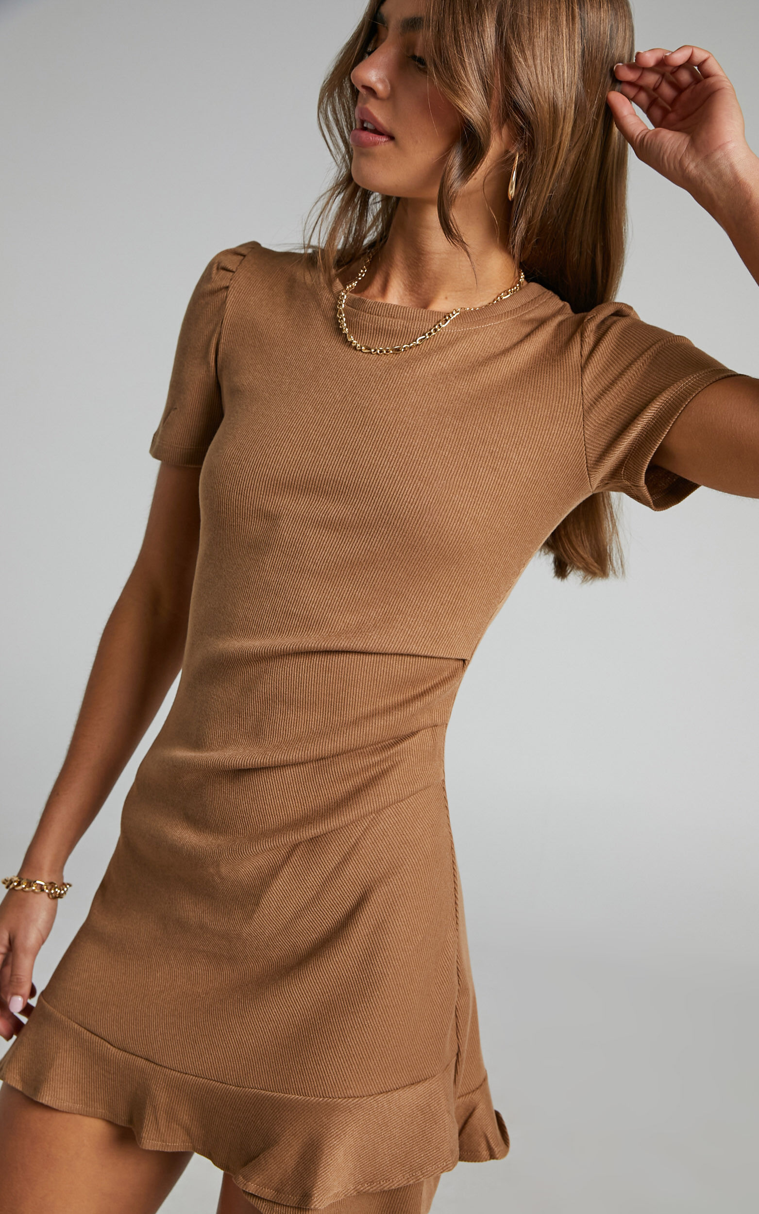 Airdrie Ribbed Puff Shoulder Short Sleeve Mini Dress in Brown - 06, BRN1, super-hi-res image number null