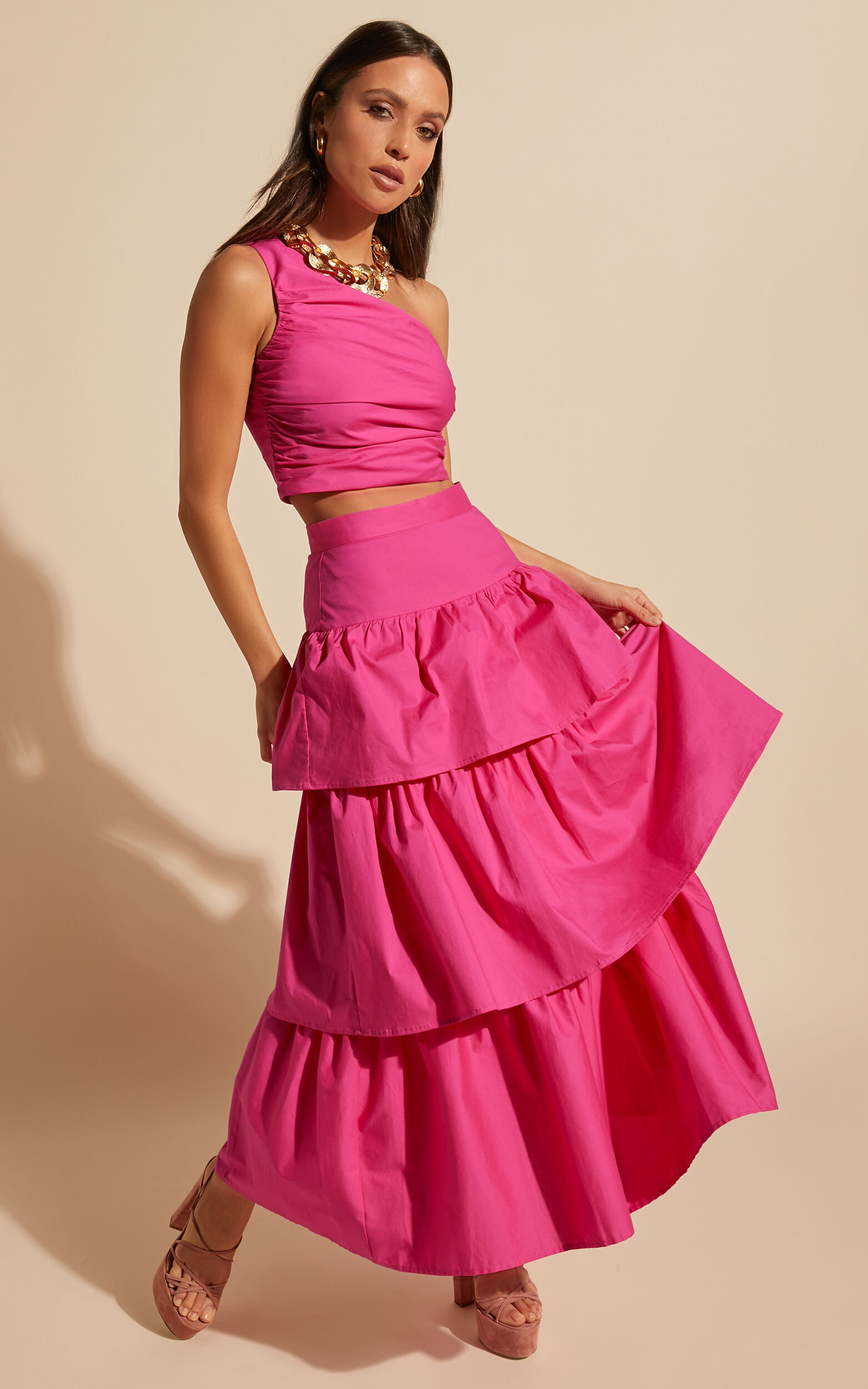 Kaycie Two Piece Set - One Shoulder Asymmetrical Ruched Top and Tiered Midaxi Skirt Set in Pink - 06, PNK1