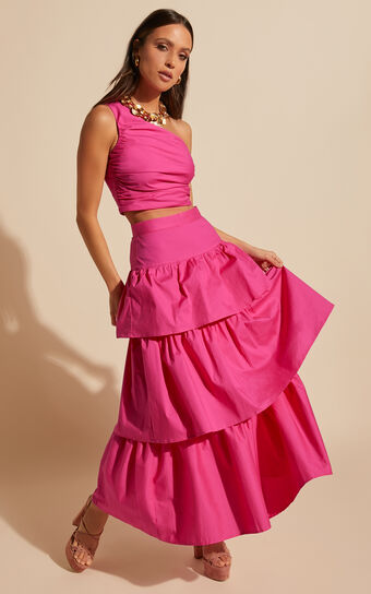 Kaycie Two Piece Set - One Shoulder Asymmetrical Ruched Top and Tiered Midaxi Skirt Set in Pink