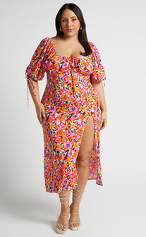 Rosario Midaxi Dress - Ruched Bust Puff Sleeve Dress in Spring Floral