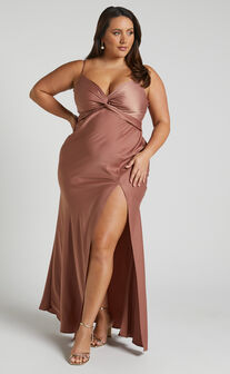 Gemalyn Maxi Dress - Twist Front Thigh Split Dress in Dusty Rose