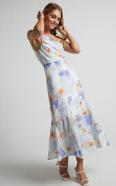 Alyssia Midi Dress - One Shoulder Ruched Satin Dress in Blue Floral | Showpo USA