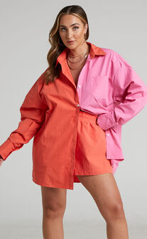 Roewe Colour Block Oversized Button Up Shirt in Oxy Fire & Pink