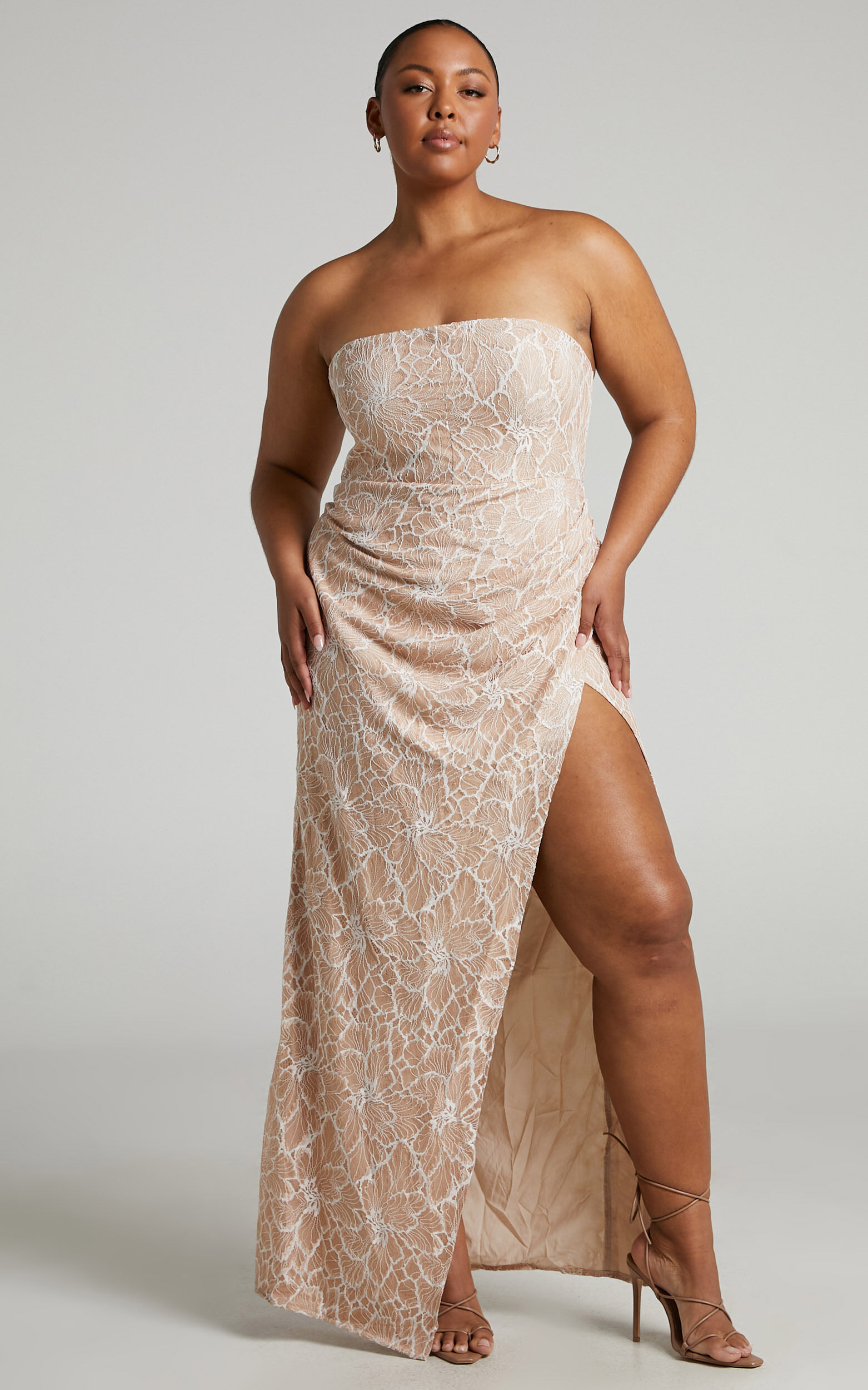 Lucinda Strapless High Split Maxi Dress in Beige and White Lace - 04, BRN1, super-hi-res image number null