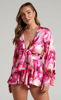 Alodia Bell Sleeves Tie Front Playsuit in Pink Watercolour