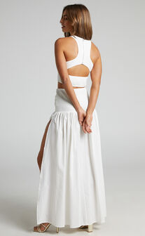 Gracelynn Two Piece Set - Cut Out Back and Racer Top and Shirred Waist Midaxi Skirt Set in White