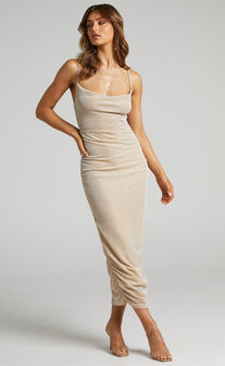 Roma Ruched Cowl Neck Midi Dress in Gold Lurex