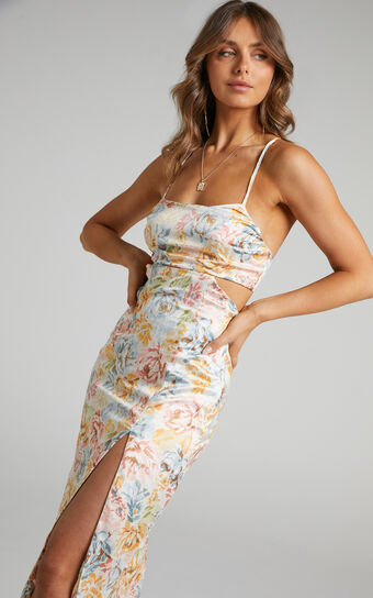 Corinna Cut Out Side and Tie Up Back Midi Dress in Dreamer Floral