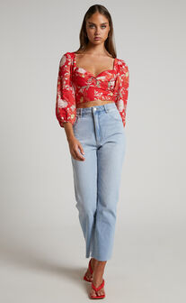 Viveca Top - Pleated Bust Balloon Sleeve Cropped Top in Rosie Floral