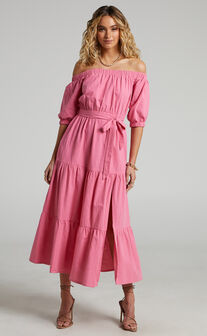 Leora Off Shoulder Tiered Maxi Dress in Pink
