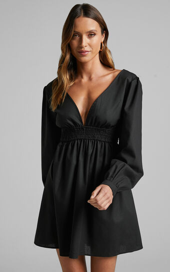 Lheya Long Sleeve Plunge Neckline A Line Mini Dress in Black