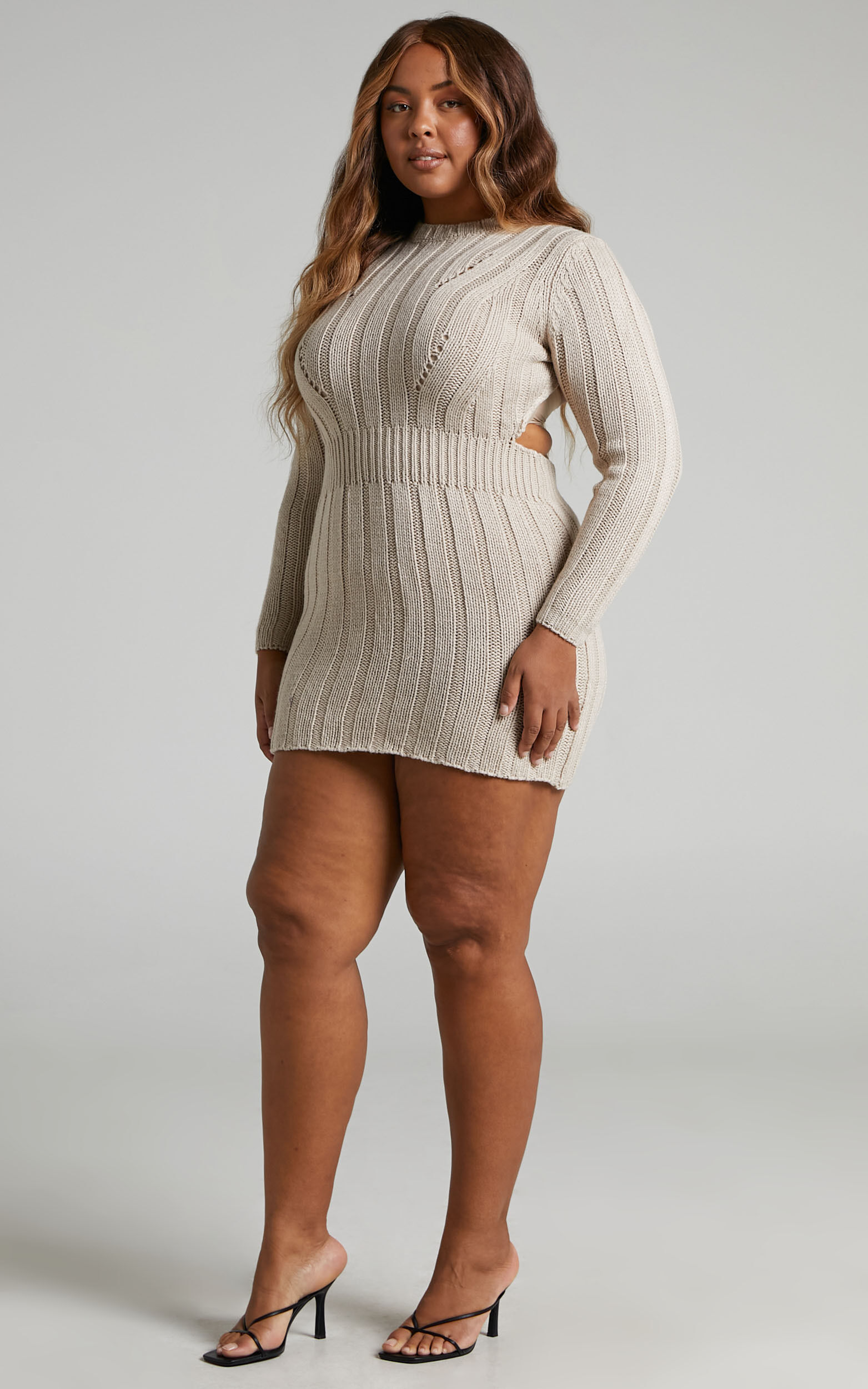 Ghamie Knit Bodycon Long Sleeve Open Back Mini Dress in Beige - 06, BRN1, super-hi-res image number null
