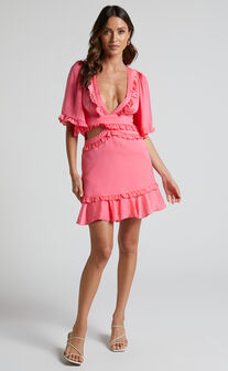 Maricris Mini Dress - Open Back Bell Sleeve Frill Dress in Bright Pink
