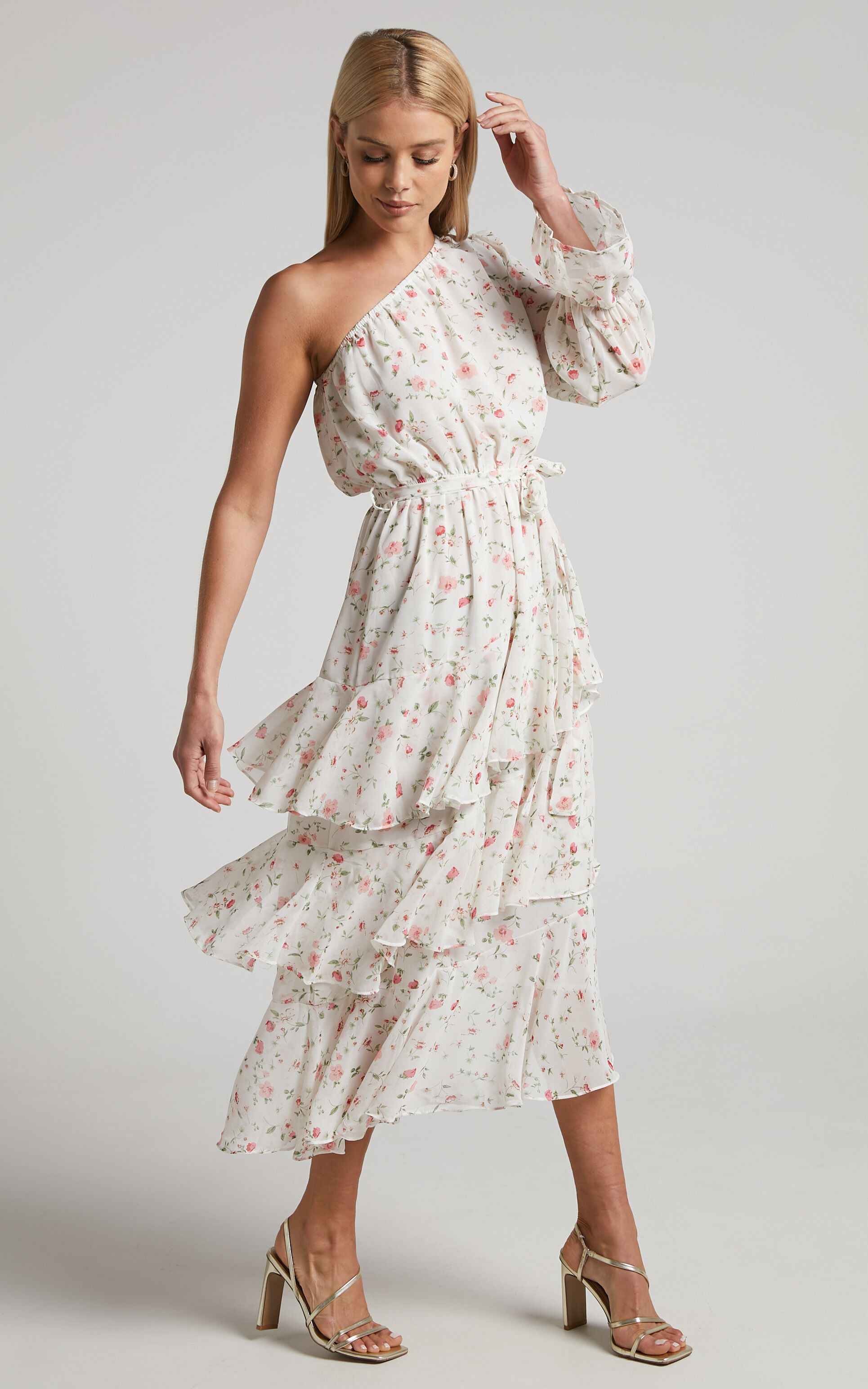Jolene Midi Dress - Tiered One Shoulder Frill Dress in White Floral - 06, WHT1, super-hi-res image number null