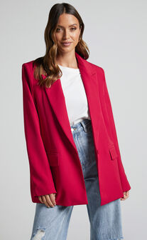 Sharmiel Blazer - Plunge Neck Oversized Longline Blazer in Red