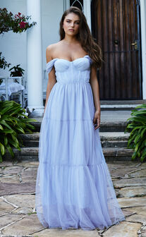 Ontario Maxi Dress - Off Shoulder Corset Bodice Tulle Dress in Light Blue