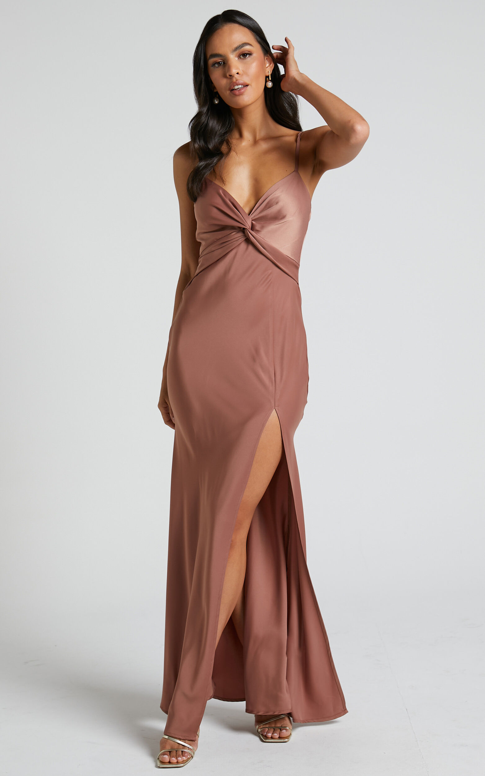 Gemalyn Midaxi Dress - Twist Front Thigh Split Dress in Dusty Rose - 04, PNK3