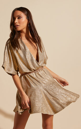Vanity Mini Dress - Short Flutter Sleeve Tie Waist V Neck Dress in Gold