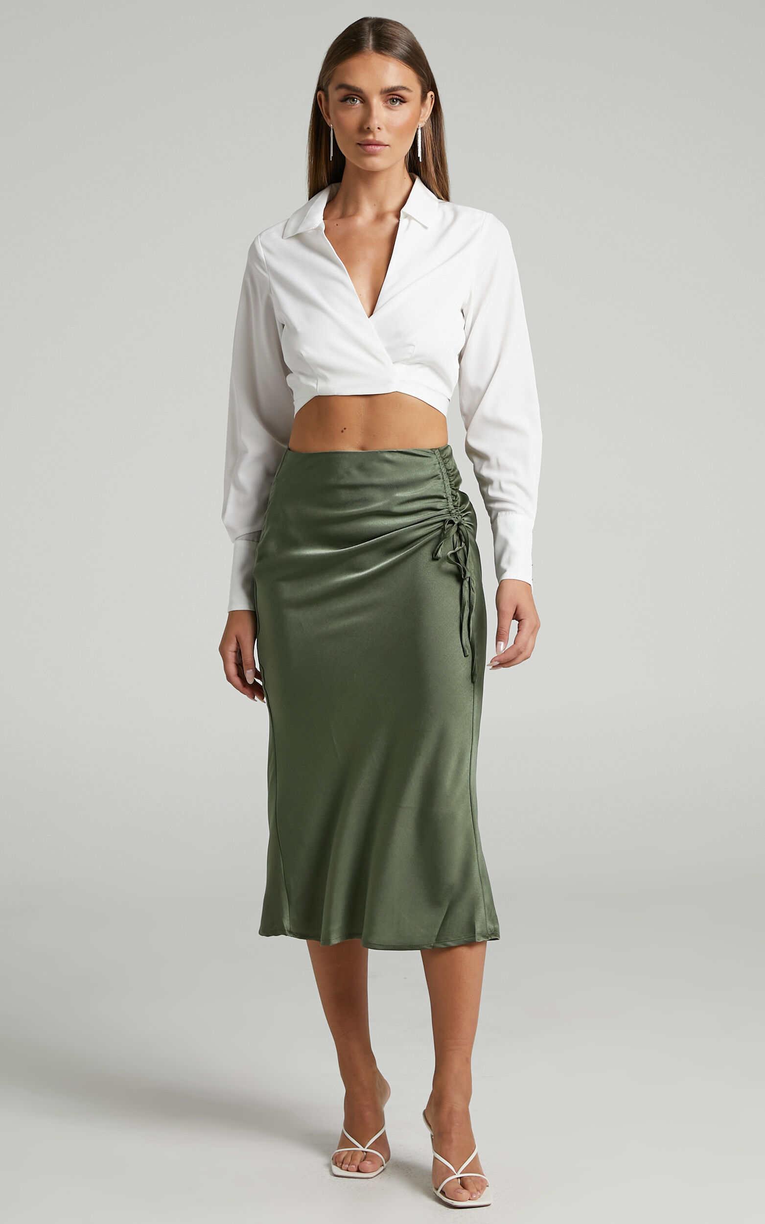 Zaylin Midaxi Skirt - Ruched Side Satin Slip Skirt in Olive - 04, GRN2