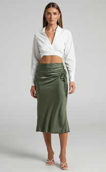 Zaylin Midi Skirt - Ruched Side Satin Slip Skirt in Olive