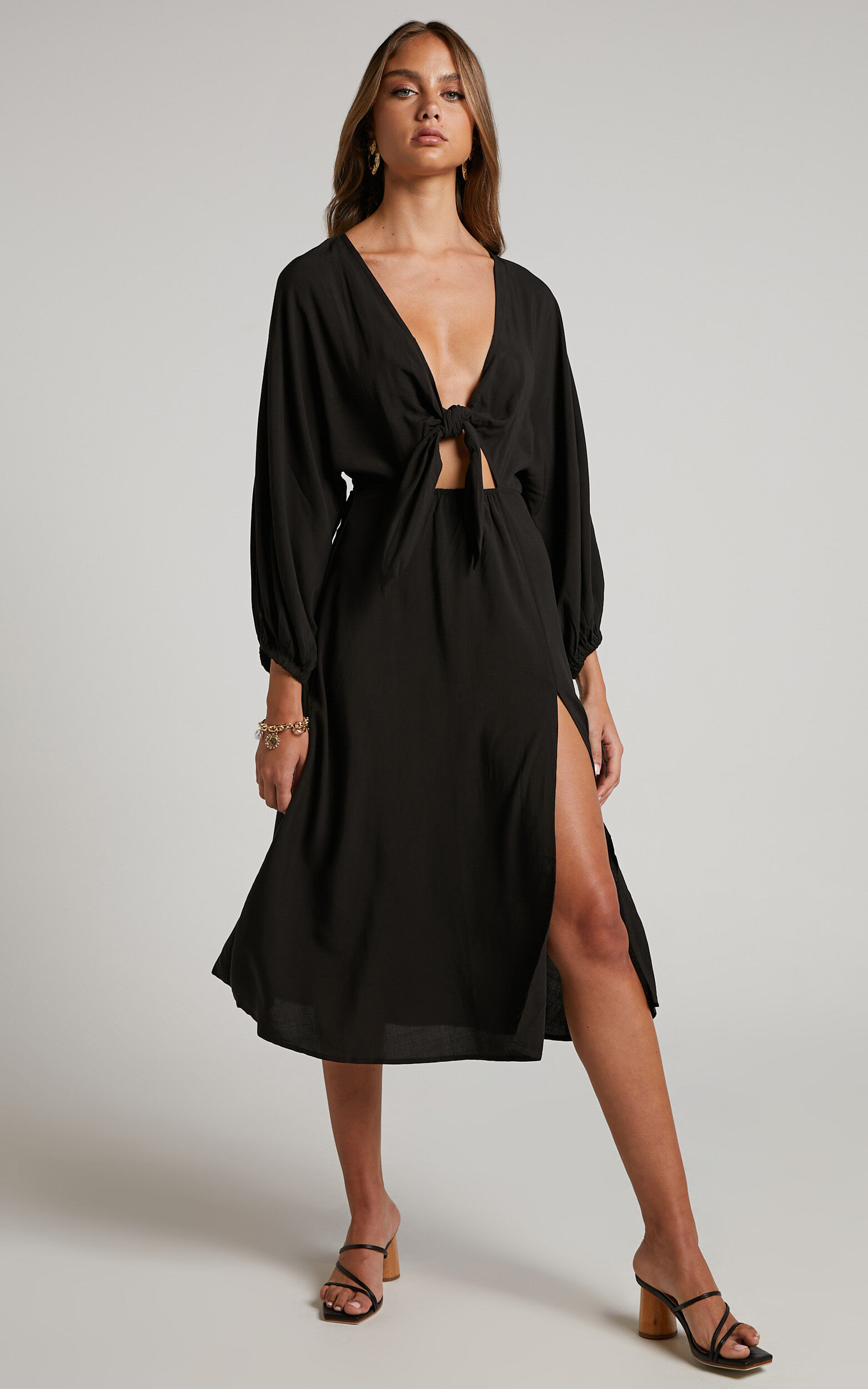 Tyricia Midi Dress - Long Sleeve Tie Front Cut Out Dress in Black - 04, BLK1
