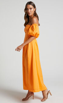 Nora Maxi Dress - Linen Off Shoulder Puff Sleeve Dress in Orange