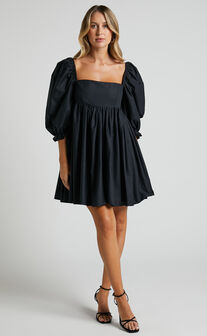 Denise Mini Dress - Square Neck 3/4 Puff Sleeve Babydoll Dress in Black