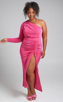 Eleiza One Shoulder Ruched Midi Dress in Hot Pink
