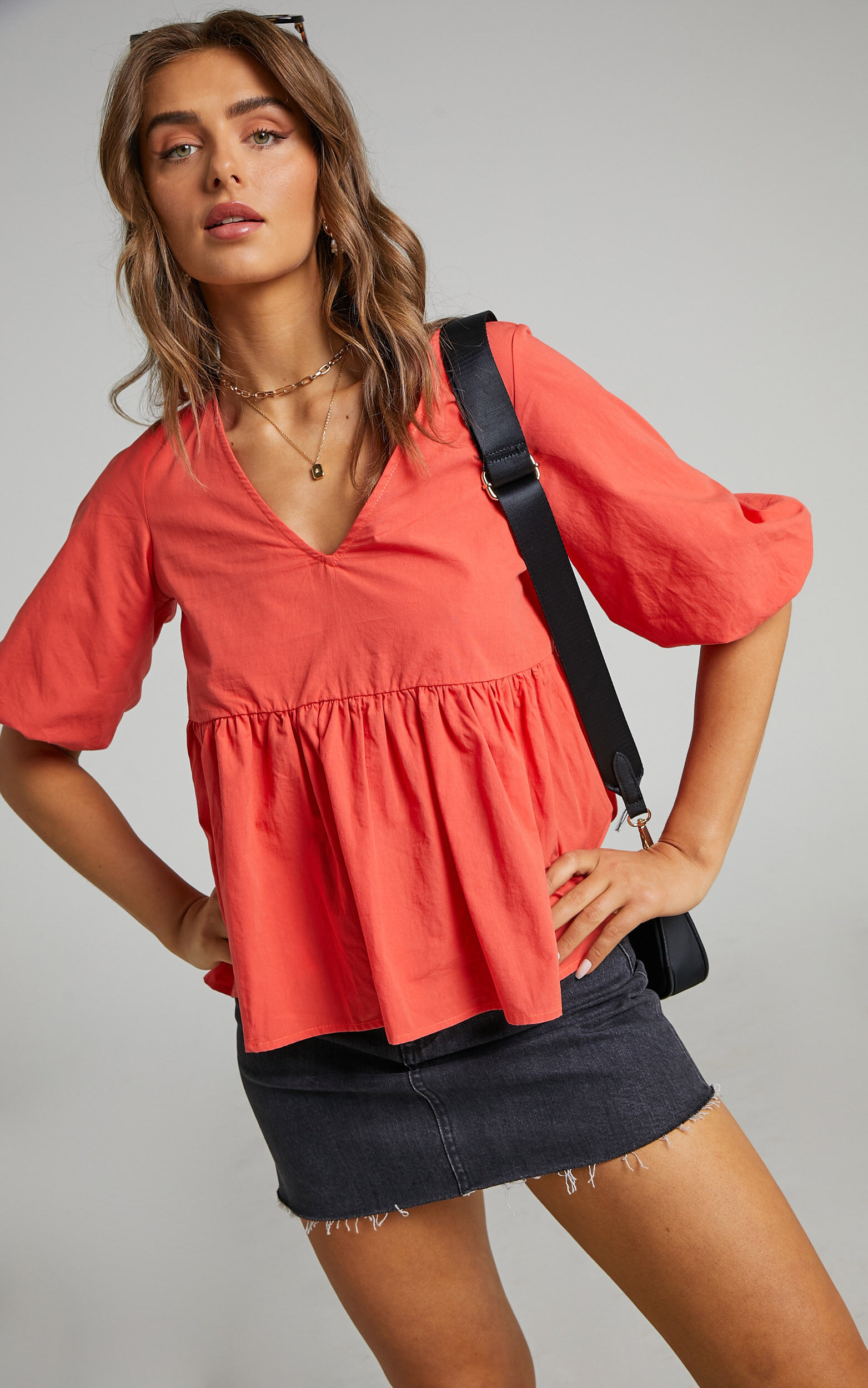 Lallen Smock Top with Peplum Hem in Oxy Fire - 06, RED2, super-hi-res image number null