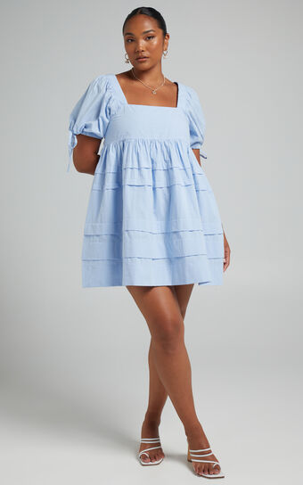 Eleua Pin Tuck Short Puff Sleeve Mini Dress in Baby Blue