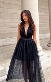 Xenia Midi Dress - Plunge Tulle Dress in Black | Showpo USA