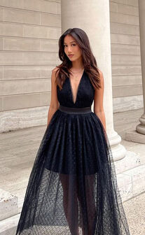 Xenia Midi Dress - Plunge Tulle Dress in Black