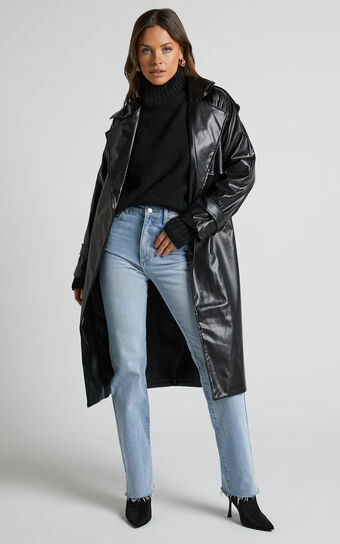 Viola Faux Leather Open Collar Coat in Black