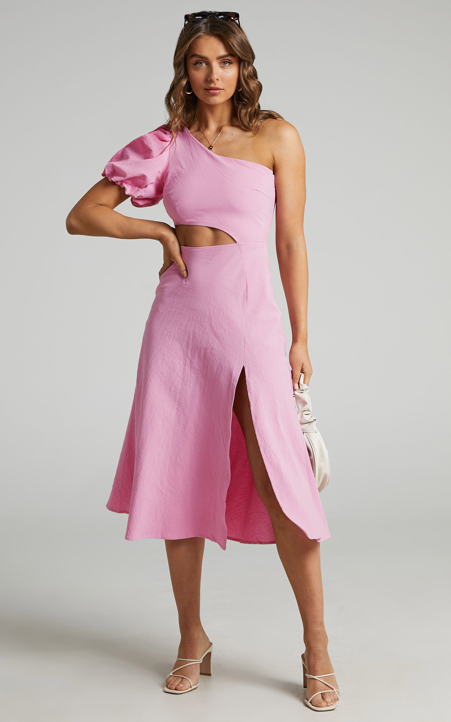Marcia Midi Dress - One Shoulder Dress with Side Cut Out in Pink Linen Look - 04, PNK2